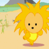 Animated sequence of a cartoon lion with spiky yellow mane and body, wearing yellow shirt, performing walking motion against sandy background with green patches and distant hills.