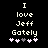 Pixelated text reads 'I love Jeff Gately' with five pink and gray heart symbols below on a black background.