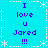 Pixelated blue background with white star and dashed line borders, displaying repeated purple text "I love u Jared !!!" in a