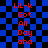 Red text on blue and black checkered background with visible pixelated distortion effects.