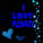 Blue pixelated text "I LOVE RYAN" appears with floating blue hearts and cyan sparkles on a black background.