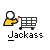 Animated contact sheet of 20 pixel art frames showing a yellow stick figure interacting with shopping carts and trees, each frame labeled "Jackass" below the icon.