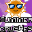 Pixelated sun icon with sunglasses, orange face and rays, white clouds below, purple background, text "SUMMER BRUSHES" in block letters.