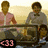 Animated sequence showing two figures in a vehicle with changing text and background elements.