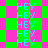 Pixelated cyan text 'HEY' repeated across a green and pink checkered background with scattered pink diamond shapes.