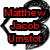 Pixelated red text reading "Matthew Jacob Umstot" on black rectangular backgrounds, arranged vertically within a white and gray speech bubble outline.