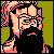 Pixelated static icon of a character with pink hair and glasses against a green background, wearing black clothing with red accents.