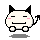 Pixelated white devil character with black ears, tail, and limbs; pink cheeks; closed eyes; two poses showing feet as wheels or paws.