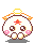 A 4-frame pixel art animation of a round white character with pink cheeks, orange ears, and a yellow halo, showing different expressions and small blue particle effects against a gray background.