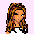 Pixelated character with long brown hair in white crop top and pants, standing against light purple background with text overlay.