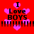 Red background with pink hearts and black text reading "I Love BOYS" in four quadrants, separated by dashed lines.