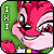 Pixelated cartoon fox with pink fur and green background, wearing yellow collar, displaying multiple facial expressions.
