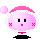 Pixelated pink character with white trim, pink hat, and black base, showing four distinct facial expressions including closed eyes, open mouth, and blushing cheeks.