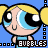 Pixelated cartoon character with large eyes and yellow pigtails holding a sign reading "BUBBLES" against blue background.