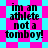 Pixelated text 'im an athlete not a tomboy!' on a checkered background with cyan and magenta squares, transitioning to a star-patterned background with the same colors.