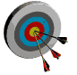 A circular target with concentric rings of gray, blue, red, and yellow has three arrows embedded in it; the arrow positions shift slightly across observations.
