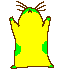 Pixelated yellow and green creature with brown antennae in nine sequential poses showing body rotation, arm movement, and facial expression changes.