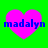 Four identical pink heart shapes on a bright green background, each containing blue text reading 'madalyn' in a pixelated font.