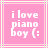 Pixelated pink square with white text reading "i love piano boy (:" and a light yellow border