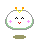 Two static pixel art frames of a cartoon character with white face, green border, and orange/yellow headpiece on gray background.