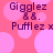 Pink background with light pink circles; dark purple text 'Gigglez &&.' above 'Pufflez x' in four repeated