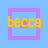 Yellow text 'becca' appears over layered purple and light blue squares on a light blue background, with variations in square layering across frames.