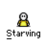 Animated contact sheet of a yellow stick figure character with white head, displaying multiple frames showing the character's progression from standing to eating and then vomiting, accompanied by text bubbles.