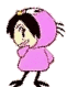 Animated character in pink hooded coat with black hair and feet, standing against gray background.