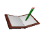 A green pencil with pink eraser rests on an open book with brown cover and gray pages, shown in multiple