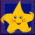 Yellow star-shaped character with gray eyes, orange cheeks, and brown mouth on blue background; two golden rings appear below.