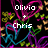 Pixelated animation with swirling pink, blue, and green lines on black background; text 'Olivia' above a star symbol and 'Chris' below it in white block letters.