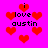A bright pink background features red heart shapes and black text reading "i love austin" in pixelated font, with some hearts appearing blurred or distorted.