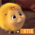 Yellow cartoon character with large eyes and a small nose, standing against a brown background with orange text labels below.