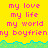 Yellow background with pink text reading 'my love my life my world my boyfrienn' repeated in two above a green and cyan wave pattern