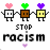 Pixel art icon featuring three blocky robot figures holding hands with heart-shaped heads, below which is pixelated text reading "STOP ROCISM" and a small purple heart symbol.