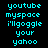 Pixelated text displays 'youtube', 'myspace', 'i'llgoggle', 'your', and 'yahoo' in cyan on black, with one word highlighted by a bright pink rectangular background.