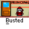 A 3x3 contact sheet of pixel art frames showing a character in red attire standing before a door labeled 'PRINCIPAL' with the word 'Busted' below, depicting subtle animation changes across sampled frames.
