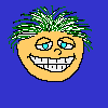 Pixelated cartoon face with green spiky hair, blue eyes, and a yellow-orange skin tone, displaying multiple expressions against a solid blue background.