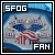 Pixelated square icon with blue gradient background, white text 'SFOG' top-left and 'FAN' bottom-right, central abstract shape in purple, red, and dark blue.