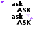 four and four of identical text-based icons featuring 'ask' in lowercase and 'ASK' in uppercase, each surrounded by small purple and light purple stars