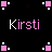 Pixelated pink and white icons surround repeated 'Kirsti' text on a black background with gray corner elements.