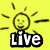 Yellow sun icon with smiling face and radiating lines above 'Live' text; black background version shows yellow sun, 'me', and two soccer ball icons.