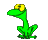 Green pixelated frog-like creature with yellow eyes, shown in four sequential poses against gray background.