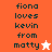 Pixelated text reads "fiona loves kevin from matty" with a white star on orange background and an orange star on white background.