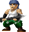 Pixel art character in white tank top, green pants, blue headband, black arm guards, brown boots holding large dark weapon with silver blade.