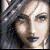 Pixelated of a woman's face with dark hair and blue eyes, overlaid by animated text fragments spelling 'friendship' in light purple