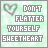A 5x5 contact sheet of animated frames showing a static text design with changing green highlights on the word "FLATTER" against a light mint background with heart symbols.