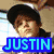 Pixelated image of a person wearing a dark cap and jacket with blue text reading 'JUSTIN' below.