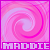 Pixelated pink and purple spiral background with 'MADDIE' text in light purple at bottom, two identical frames side-by-side.
