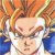 Pixelated static image of a character with spiky orange hair, closed eyes, and blue shoulder accents against a blurred background.